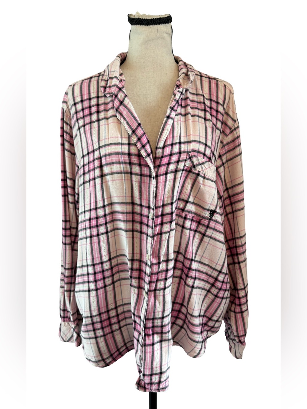 Victoria’s Secret Plaid Pajama Top Pink Black White Lounge Shirt XL